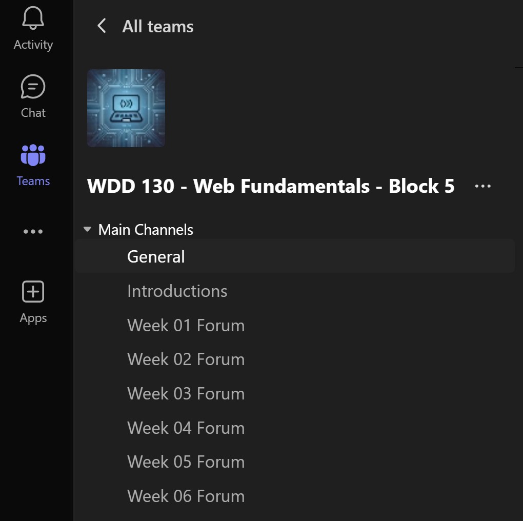 Screenshot of Microsoft Teams channels WDD 130