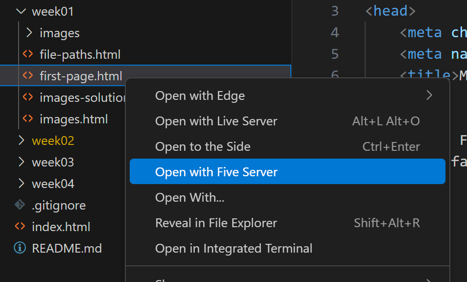 Screenshot of VS Code showing the Live/Five Server option