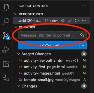 Shows the commit message and the commit button.