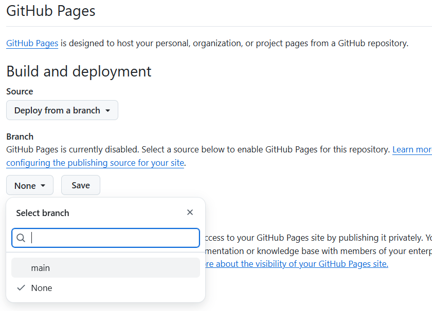 GitHub publish from branch options