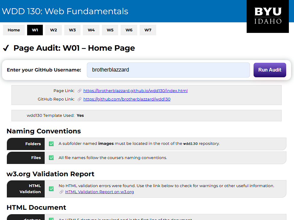 Example Page Audit tool output
