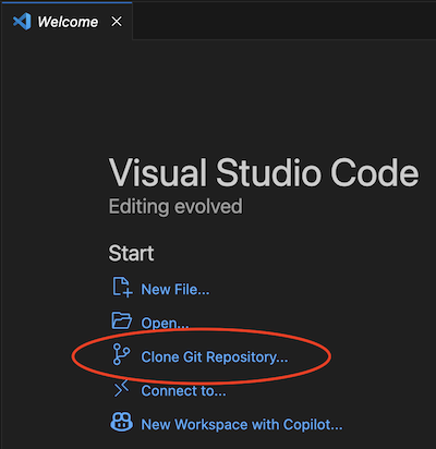 VS Code Welcome page showing the Clone Git Repository option.