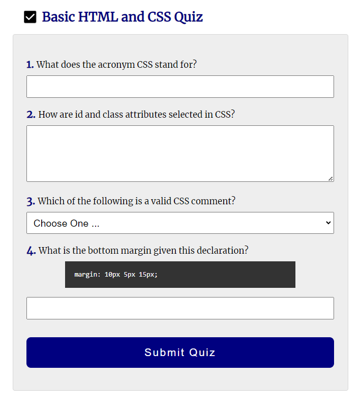 
                  Screenshot of an example quiz with styling.